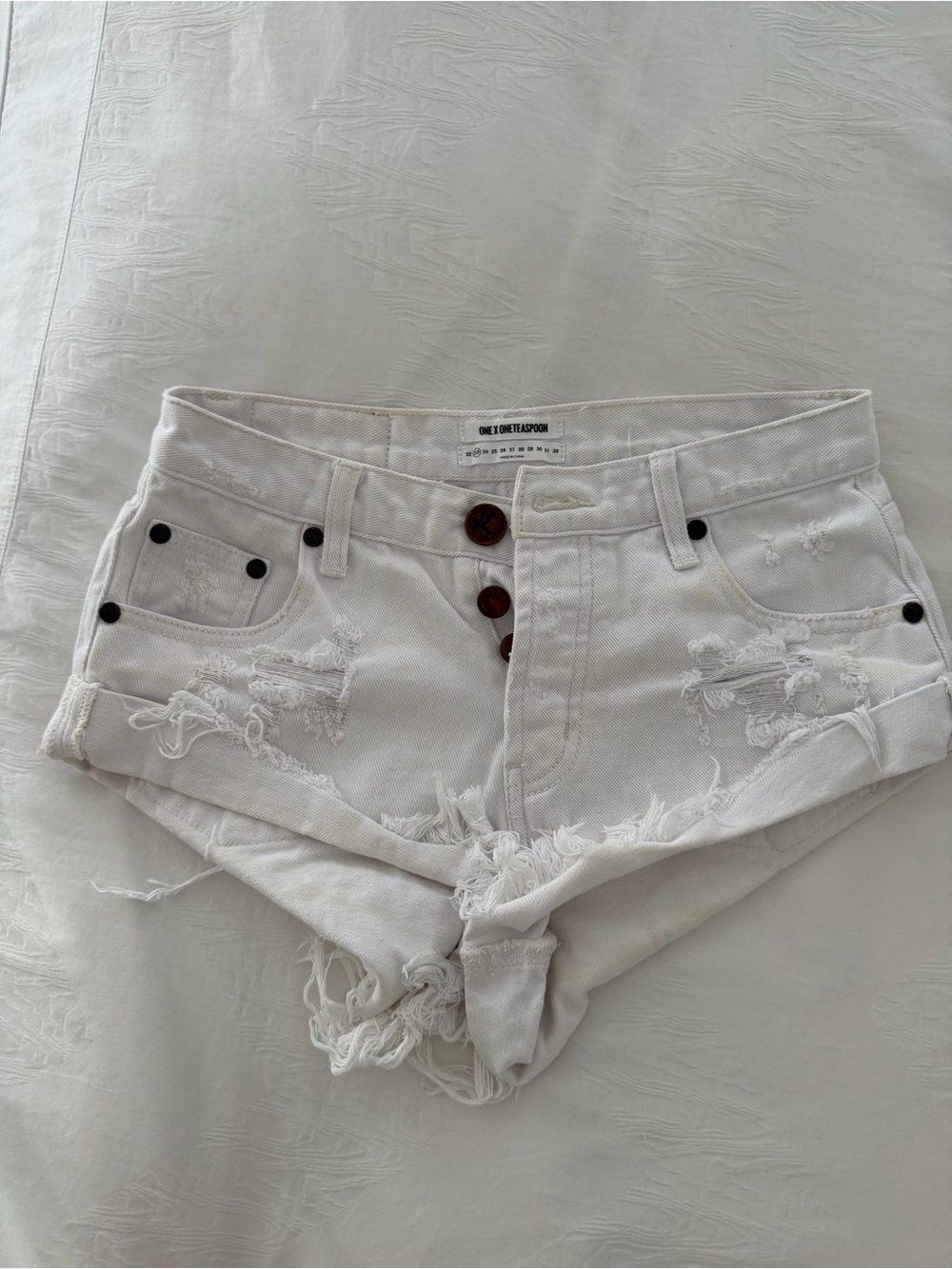 One Teaspoon White Distressed Low-Rise Denim Shorts